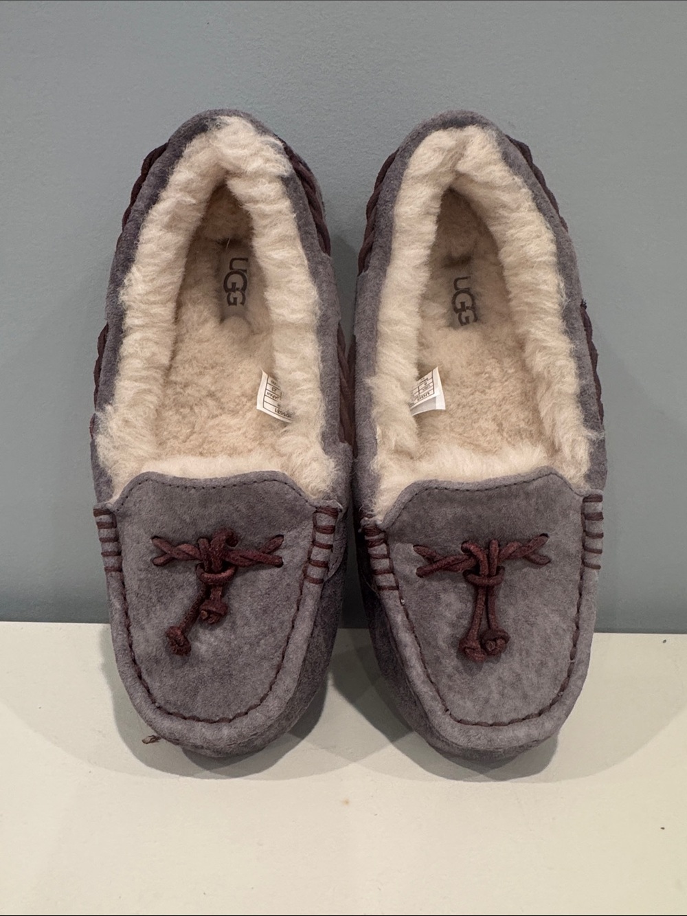 UGG Gray Suede Shearling-Lined Moccasin Slippers with Brown Trim